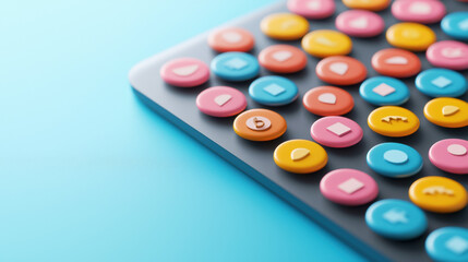 Colorful buttons with various icons arranged on a flat surface, creating a vibrant and playful aesthetic.