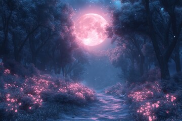 Wall Mural - Mysterious Night Forest with Misty Trees Under Full Moon in Dark Blue Color Scheme