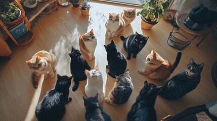 Wall Mural - a group of cats sitting in a circle intently staring down at the floor in a bright living room
