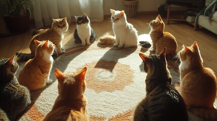 Wall Mural - a group of cats sitting in a circle intently staring down at the floor in a bright living room