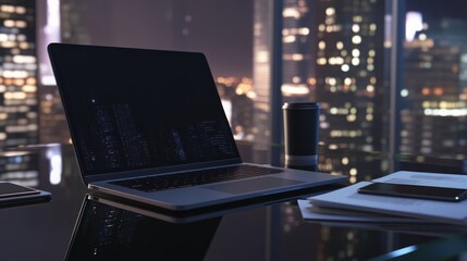 Leinwandbilder - In a modern office setting, a laptop is open on a glass desk, illuminated by city lights outside. A coffee cup and documents are nearby, creating a cozy yet professional atmosphere at night.