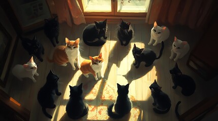 Wall Mural - a circle of curious cats in a cozy room staring down with interest at something on the floor
