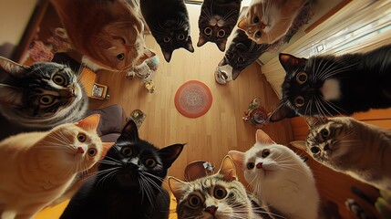 Wall Mural - a circle of curious cats in a cozy room staring down with interest at something on the floor