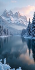 Poster - Snowy mountain peaks reflect in a serene lake