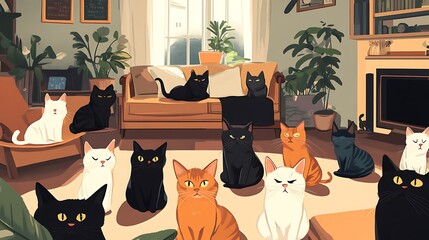 Wall Mural - a curious circle of cats with their eyes fixed downward in a quiet living room setting