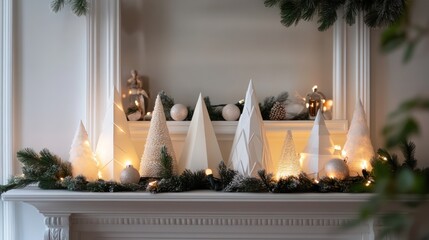 Wall Mural - Minimalist Christmas mantel decor with geometric trees, neutral tones, and soft lighting