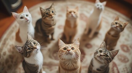 Wall Mural - a group of cats standing in a circle focused on something unseen beneath them in a cozy home