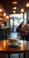 Wall Mural - A steaming cup of coffee on a wooden table in a cozy cafe