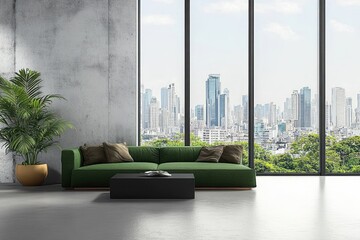 Poster - Minimalist Modern Living Room with Green Sofa and City Skyline