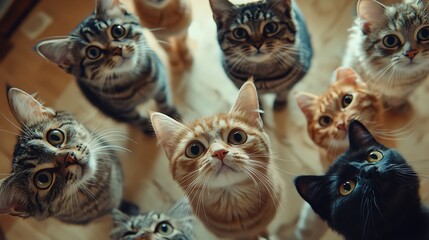 Wall Mural - a group of cats standing in a circle focused on something unseen beneath them in a cozy home