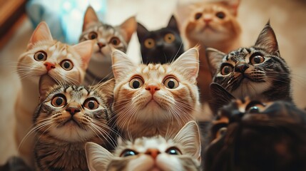 a group of cats standing in a circle with wide eyes focused downward on the floor in a cozy space