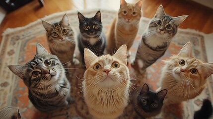 Wall Mural - a circle of curious cats in a living room staring down at something small and intriguing