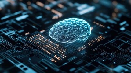 Fototapete - Futuristic Representation of a Brain Interconnected with Digital Circuitry and Neon Elements, Showcasing the Concept of Artificial Intelligence and Advanced Technology Integration