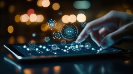 Poster - Close-Up of a Hand Interacting with a Digital Tablet Displaying Data Visualizations and Futuristic Icons in a Dimly Lit Environment