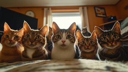 Wall Mural - curious cats gathered in a circle staring at something beneath them in a cozy living room