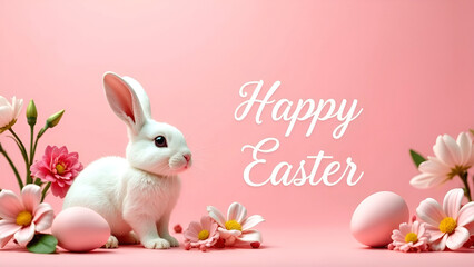 Wall Mural - Happy Easter banner with a white bunny, eggs and flowers on a light pink background