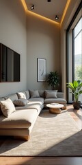 Wall Mural - Modern living room with beige couch and natural light