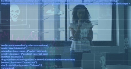 Wall Mural - image of data processing with portraits over african american businesswoman in office