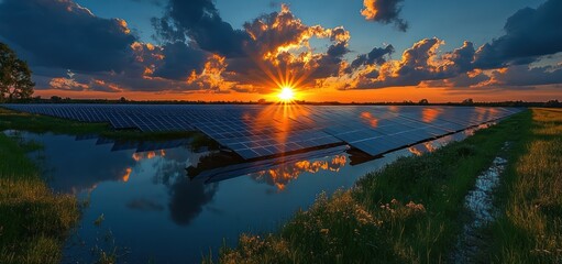 A large solar array powers a desalination plant, transforming seawater into clean, drinkable water for nearby villages. Rows of panels gleam under the sun, showcasing sustainable technology in action.