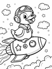  Duck Riding a Rocket: A cheerful duck flies on a rocket filled with star and heart shaped buttons., coloring book, page for children