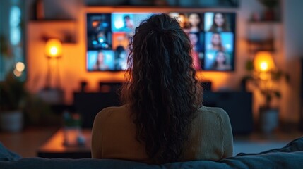 A woman relaxes at home watching video calls on a smart TV with a cozy ambiance