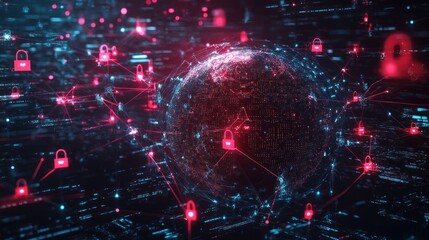 Global network security, data encryption, digital world, cyber threat, background code