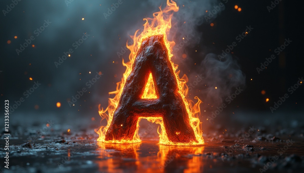 The Letter A Exploding The letter A stands tall, engulfed in vibrant flames, creating a ...