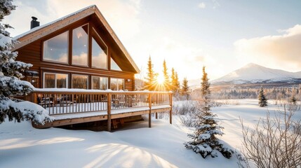 Wall Mural - Cozy Wooden Cabin Nestled in Snowy Winter Landscape with Mountain and Forested Views