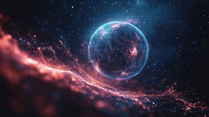 Wall Mural - Glowing blue planet in red nebula.