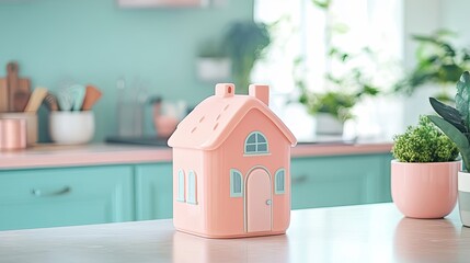 Wall Mural - Pink House Model Sits On Kitchen Countertop