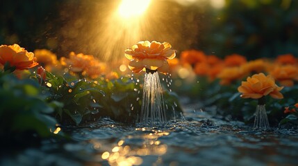 Wall Mural - Vibrant orange flowers with cascading water illuminated by golden sunlight in a serene garden