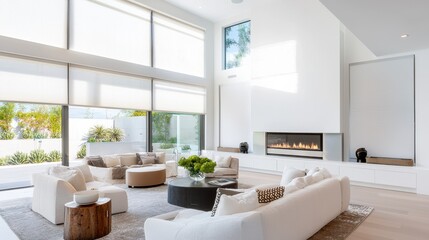 Wall Mural - Luxurious Modern Living Room with Fireplace and Abundant Natural Light