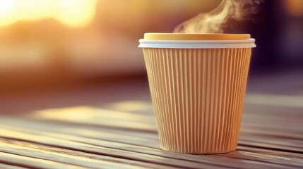 Wall Mural - Warm coffee cup emitting steam on a wooden table at sunset, creating a cozy atmosphere