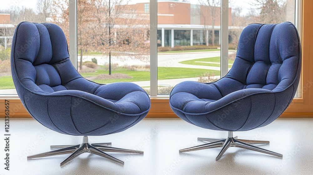 Two elegant blue chairs with a unique design are positioned facing each ...