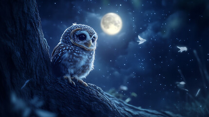 adorable baby owl sitting on a moonlit tree
