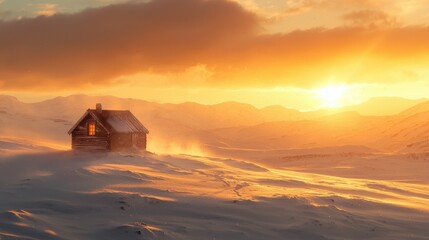 Wall Mural - Cozy Rustic Cabin Nestled in Snowy Mountain Wilderness at Dramatic Sunset