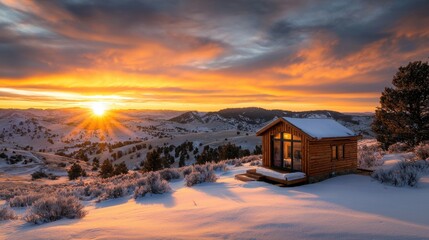 Poster - Cozy Snow Covered Cabin in Idyllic Winter Landscape with Breathtaking Sunset