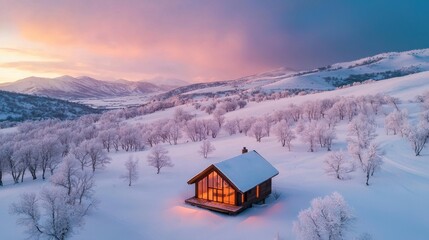 Wall Mural - Cozy Illuminated Cabin in Snowy Winter Landscape with Glowing Sunset Sky