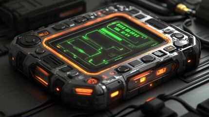Futuristic handheld device with glowing screen displaying data.