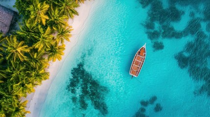 Canvas Print - Aerial View of Tropical Island Coastline with Turquoise Water and Palm Trees