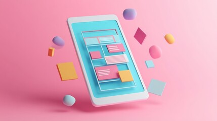 Mobile app interface design concept with colorful 3D shapes.