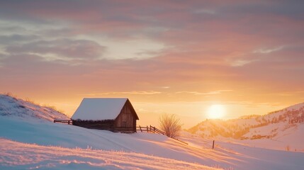 Wall Mural - Cozy Winter Cabin Nestled in Snowy Mountainous Landscape at Sunset