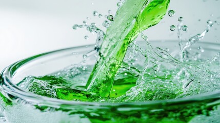 Canvas Print - A stream of vibrant green dishwashing liquid mid-pour into a clear glass bowl, splashes and suds captured in motion, clean white backdrop