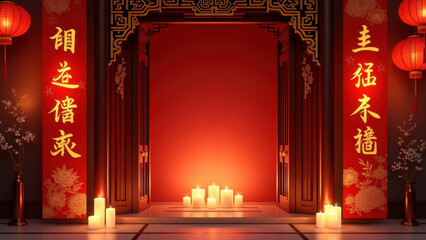 Wall Mural - Chinese New Year Red Lantern Gate Background - Cultural celebration.