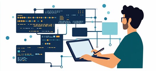 programmer coding on tablet, software development concept.