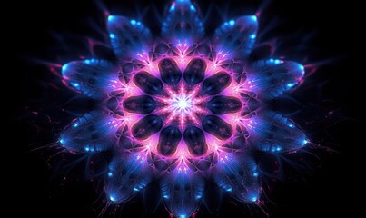 Poster - Glowing Blue and Pink Fractal Flower Pattern on Deep Black Background
