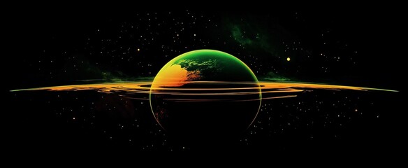 Wall Mural - a vibrant, green and orange planet with a luminous ring system, set against a backdrop of dark space