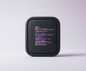 Dark square app icon with colorful code displayed.