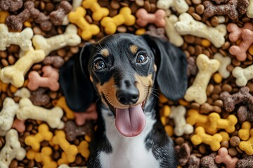 Wall Mural - Happy dachshund dog lying in a pile of dog treats.