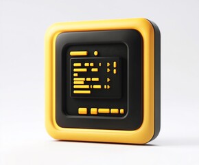 3D render of a yellow and black square app icon with code.